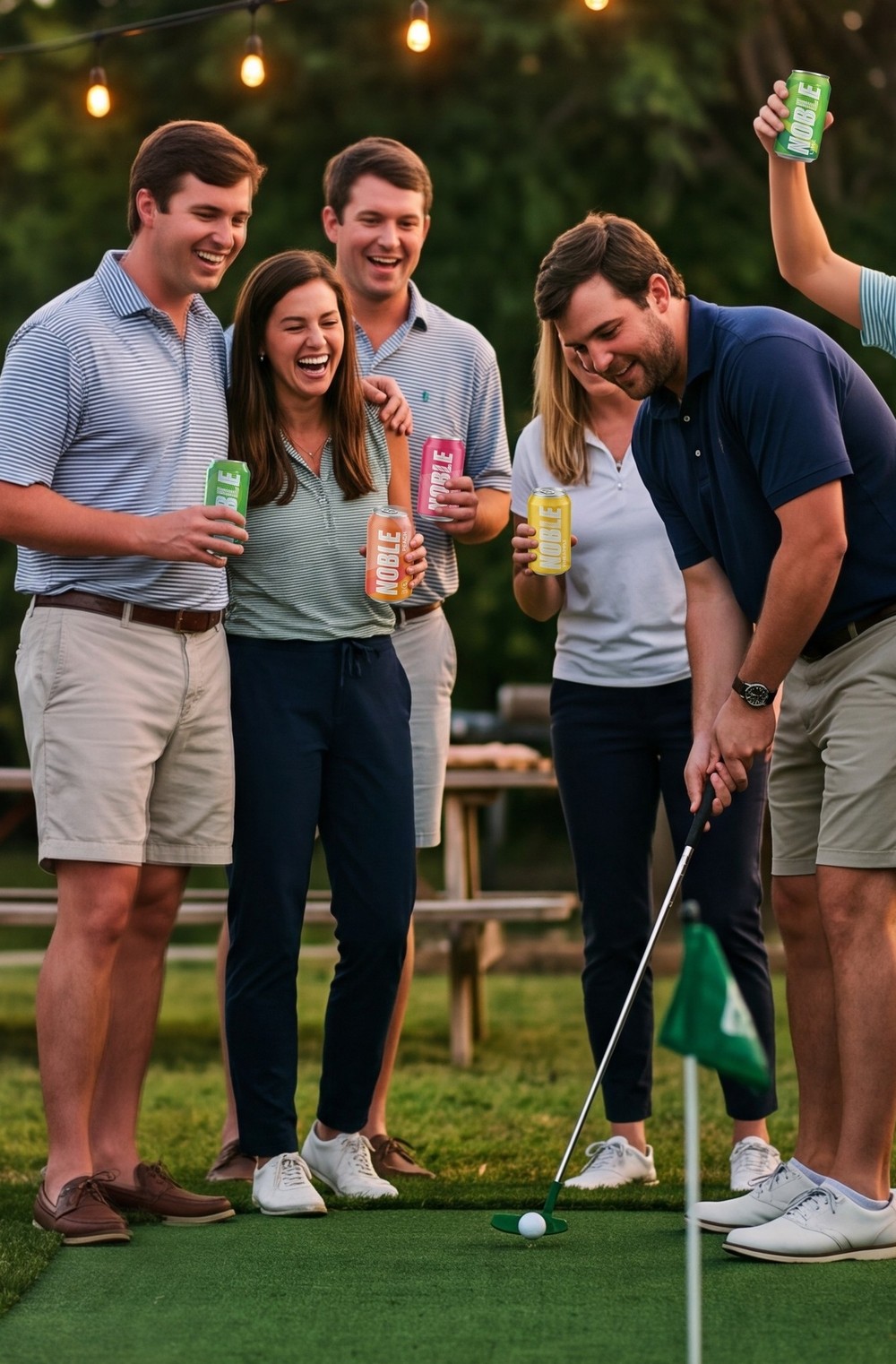 Friends playing yard games and golf at the Green Cup Pre-Party